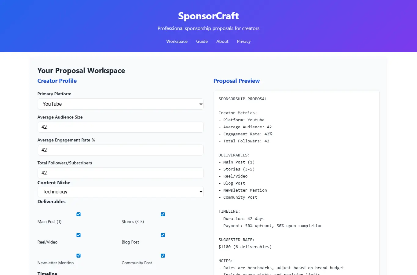 Screenshot of SponsorCraft - Creator Sponsorship Proposal Builder interface showing the project page in use